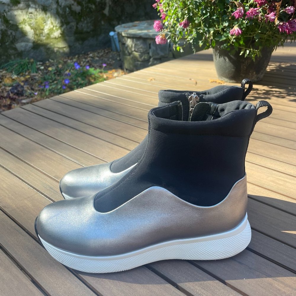 Authentic Prada Black and Silver Platform Boots
